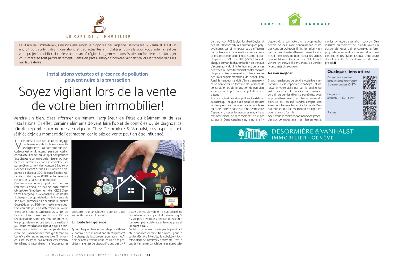 Chronique de Désormière et Vanhalst publiée dans le Journal de l'Immobilier - Café de l'immobilier - Soyez vigilant lors de la vente de votre bien immobilier - amiante - pcb - électricité - radon