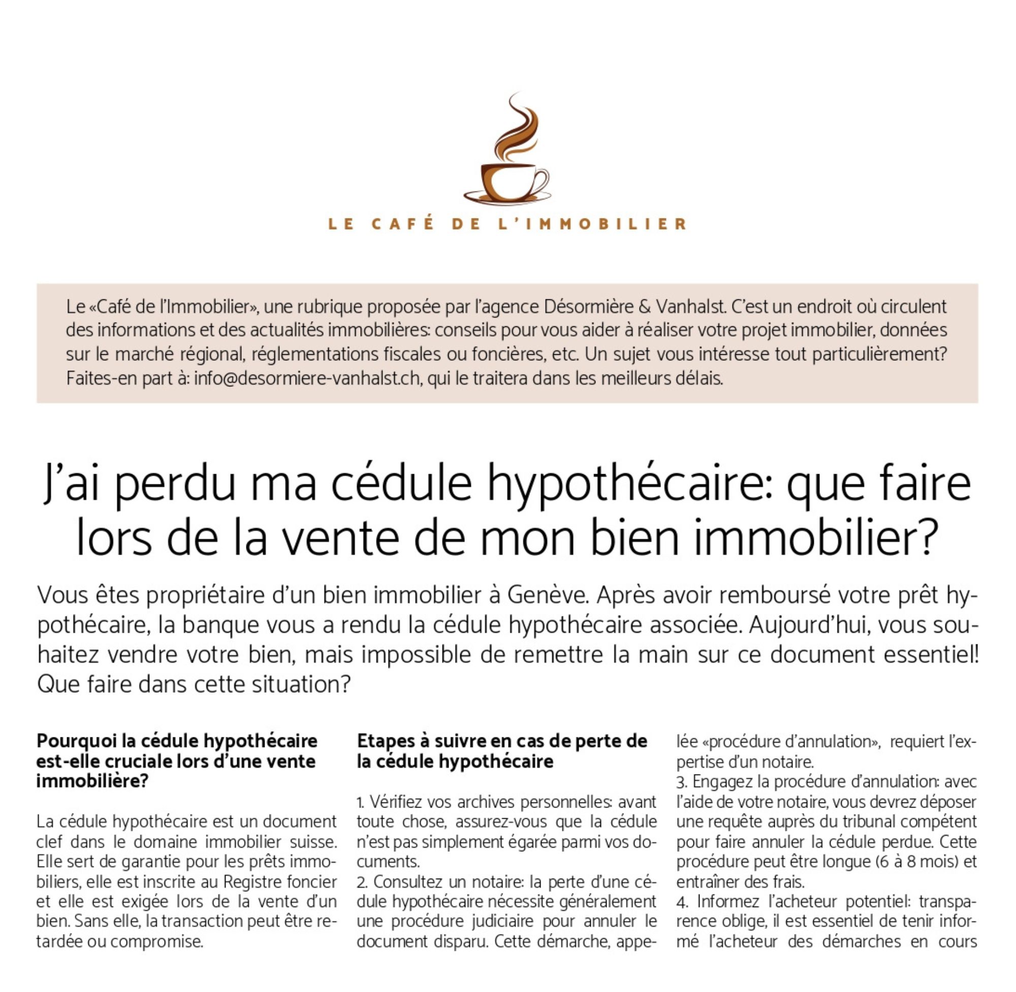 J'ai perdu ma cédule hypothécaire: article de Désormière & Vanhalst dans le Journal de l'Immobilier